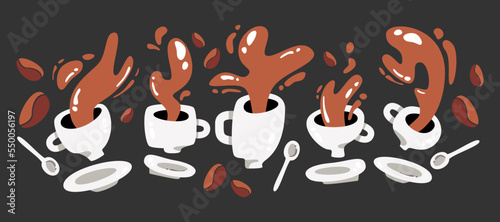 abstract splashes from cups, mug of coffee and tea falls down, flat graphics, vector elements set