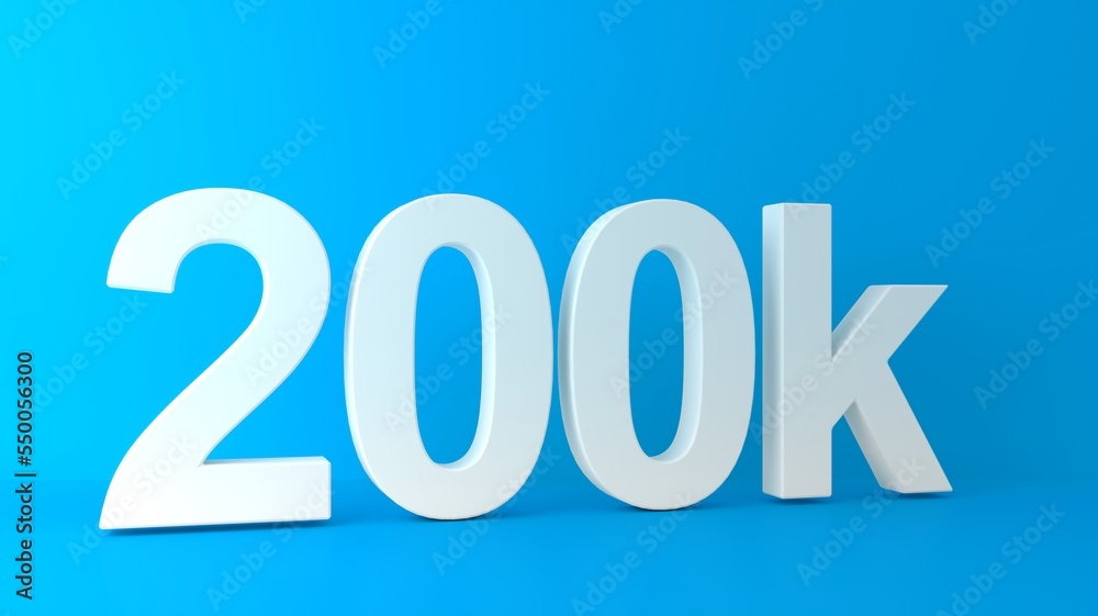 200K Followers. Achievement in 200K followers.200 000 followers background. Congratulating networking thanks, net friends abstract image, customers. 3d rendering. Isolated like and thumbs. Web banner.