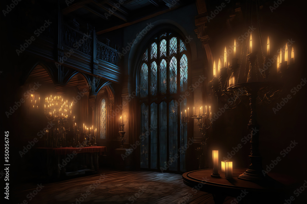 AI generated image of the living room of a large, Gothic vampire castle. Dracula's castle	
