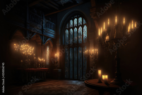AI generated image of the living room of a large, Gothic vampire castle. Dracula's castle	
