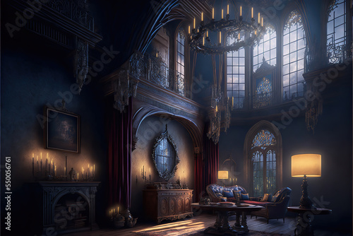 AI generated image of the living room of a large, Gothic vampire castle. Dracula's castle 