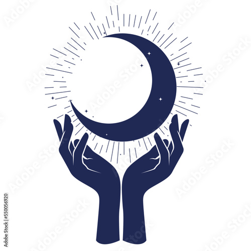 Woman hands supporting crescent, prediction,  magic and moon sorcery,  vector