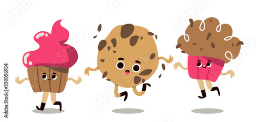 hurrying funny characters, sweet food, dessert, smiling faces, emotional food, kids cute drawing, cupcake, muffin and cookies, kawaii snack