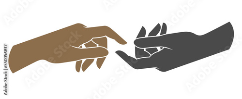 Two hands are trying to touch, mutual assistance and understanding, love, faith and support concept, vector
