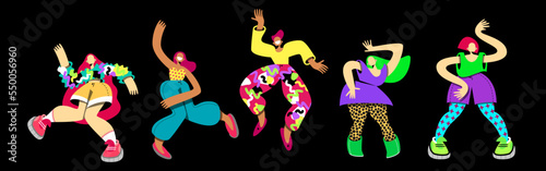 set of vector elements of dancing positions, young dancers, collection of people dancing and celebrating, bright, acid, neon clothes, informal style, teenagers, young people