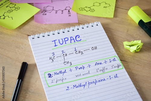IUPAC nomenclature of organic chemistry concept. Explanation and presentation in notepad on study desk.