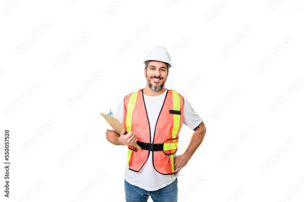 Construction Home Inspector Reviews Documents on studio white background with white helmet Construction Home Inspector Reviews Documents on studio white background with white helmet