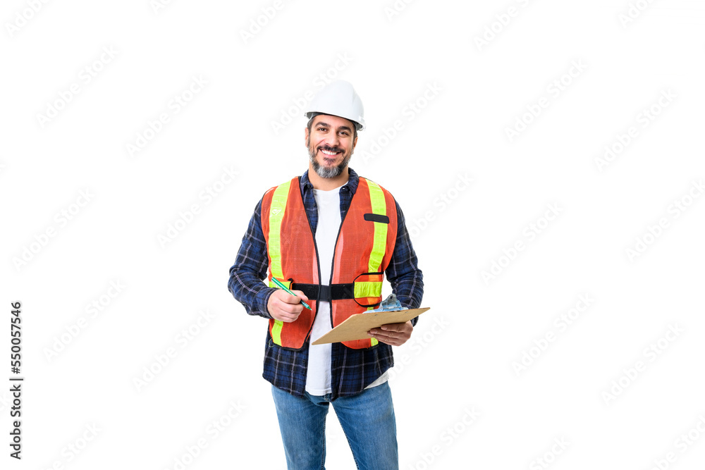 Construction Home Inspector Reviews Documents on studio white background with white helmet Construction Home Inspector Reviews Documents on studio white background with white helmet
