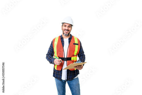 Construction Home Inspector Reviews Documents on studio white background with white helmet © Louis-Photo