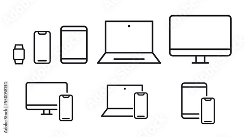 Set of devices web icons. Vector outline devices. Devices line icons set. Computer, laptop, mobile phone, smartphone. Minimal vector illustrations