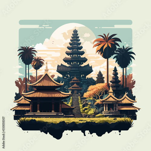 Bali Hindu Temple Nyepi Silent Day Indonesia Island Vector Flat Illustration