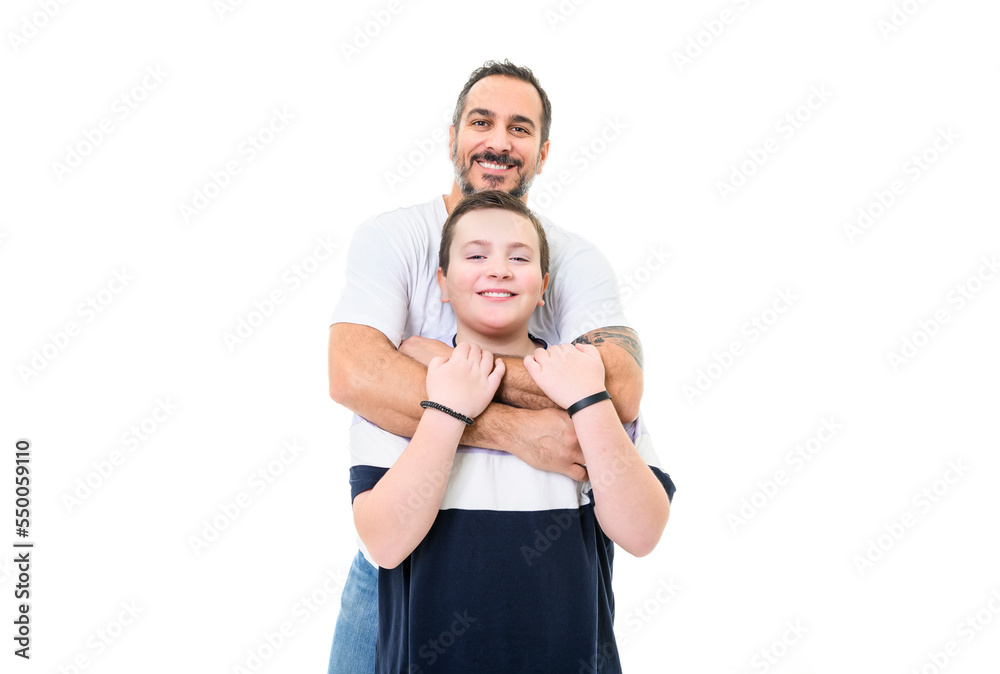 Fotografie boy with monoparental father on studio white background