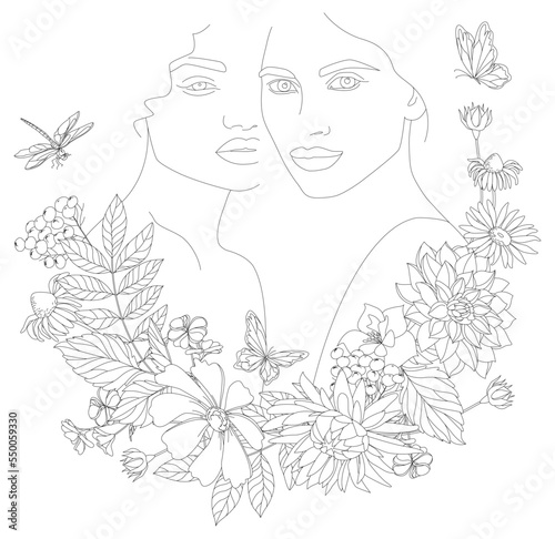 Two female faces in the style of one line art with flowers and leaves. Continuous linear art in an elegant style for prints, tattoos, posters, textiles, postcards.