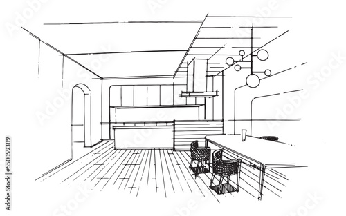sketch drawing hall and kitchen counter,modern design,vector,2d illustration