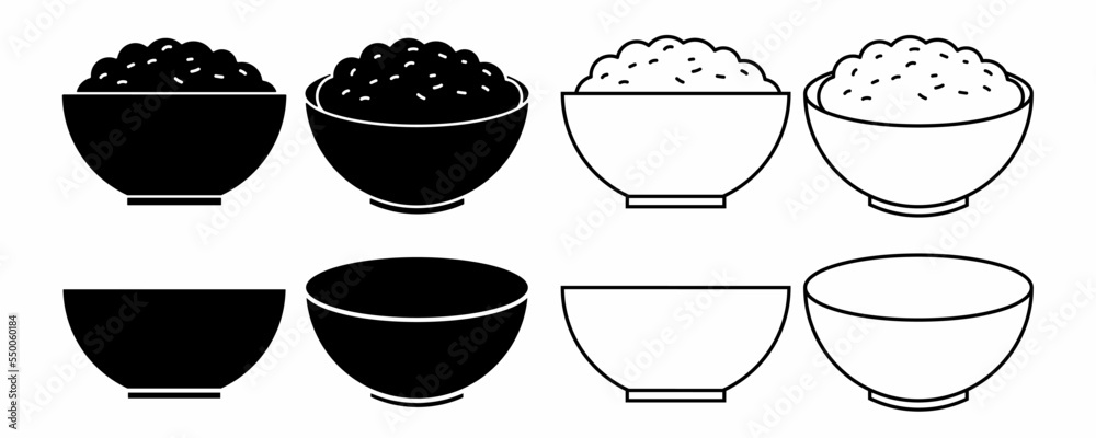 outline silhouette rice bowl icon set isolated on white background outline silhouette rice bowl icon set isolated on white background