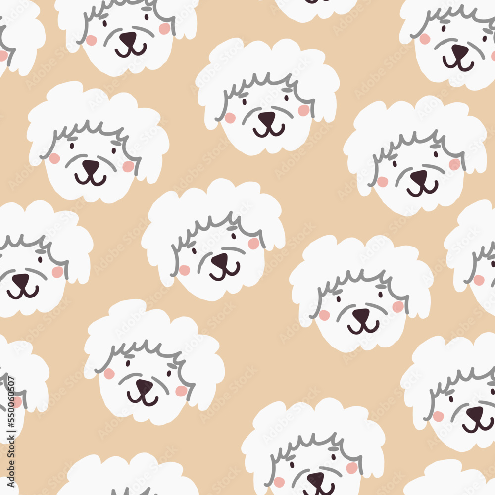 Vector seamless pattern with bichon dogs faces on light beige background. Vector illustration