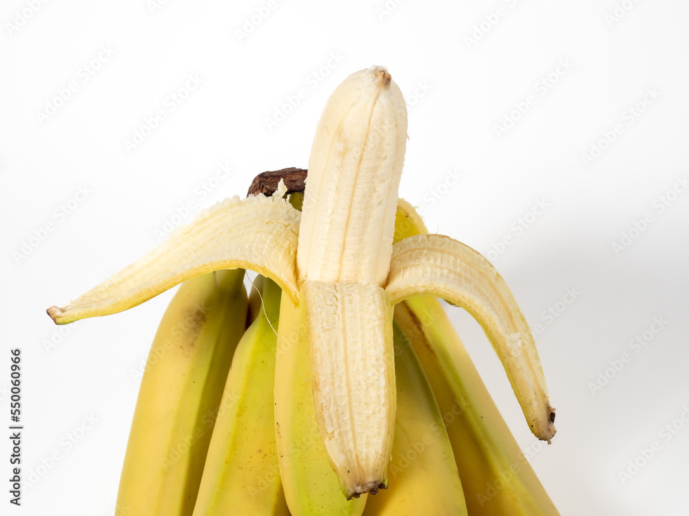 Banana on a white background. Ripe bananas on a light background. Banana on a white background. Ripe bananas on a light background.