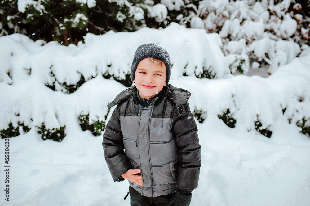 Portrait of cute young boy in grey winter jacket and hat against snowed winter garden background.
