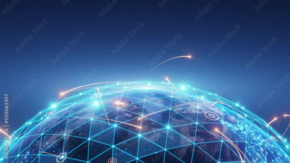 4K resolution, Digital Grid Over the Earth, futuristic style, A glowing orange line connects the world,Lines form a triangular grid over the earth.