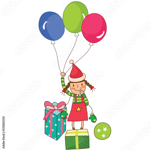 The girl with the balloon in front of the gift box
