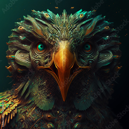 3D composite illustration of Stylized Bird. Eagle. 3D rendering. Semi Neural Network Generated. Art