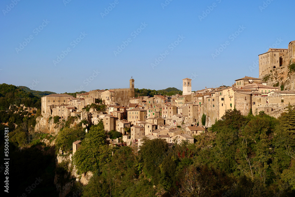 Sorano is a town and comune in the province of Grosseto, southern Tuscany. It as an ancient medieval hill town hanging from a tuff stone over the Lente River. Italy.