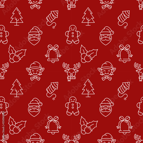 Wallpaper Mural Christmas and New Year concept. Seamless pattern of tree, Santa Claus, deer, firework, mistletoe. Perfect for wrapping, postcards, covers, fabric, textile Torontodigital.ca