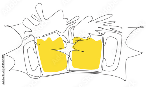 Two clinking glasses with beer in one line on a white background. The concept of a friendly feast and toast. Weekend beer evening stock vector illustration.