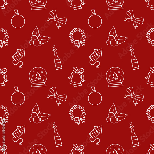 Christmas and New Year concept. Seamless pattern of bauble, mistletoe, champagne, wreath, bow, sphere. Perfect for wrapping, postcards, covers, fabric, textile