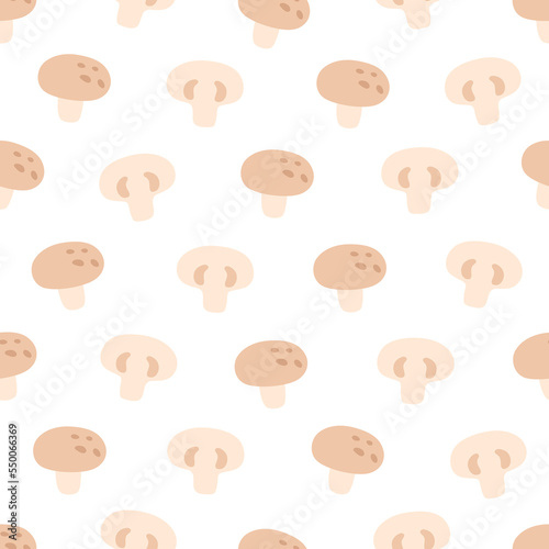 Champignons, mushrooms seamless pattern. Flat, hand drawn texture for wallpaper, textile, fabric, paper. Hand drawn vector illustration
