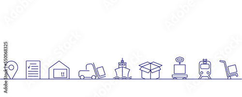 Global logistics network. Concept global logistics partnership connection. Vector banner template with logistics icons and text space.  Set of logistics icons on white background for your design. EPS1
