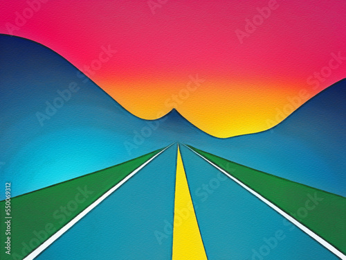 Road between mountains illustration, freedom journey digital art background