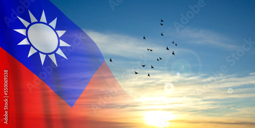Flag of Taiwan on a background of sunset or sunrise