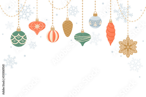 Cute hanging decorations, christmas template for card and banner. Vector illustration in flat cartoon style