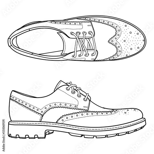 Vector hand drawing illustration with autumn men brogue fashion shoes, top view .Doodle illustration	
