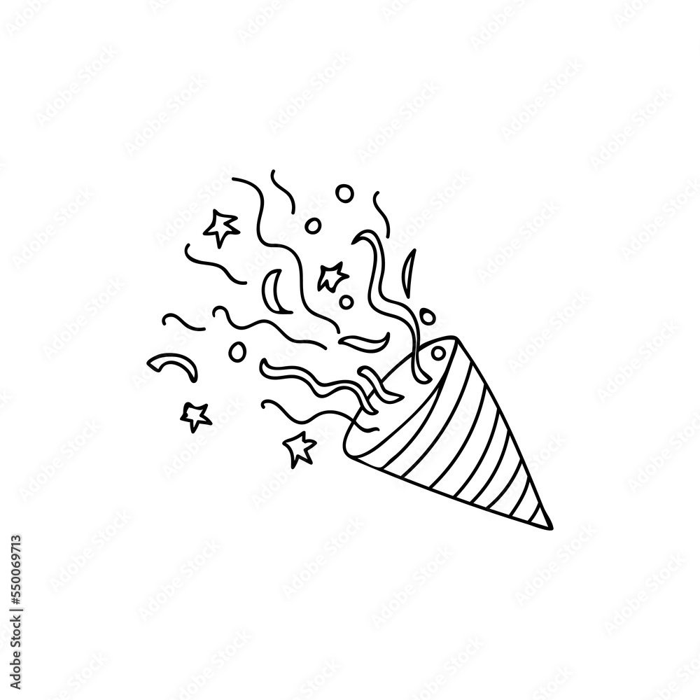 Party popper doodle illustration isolated on white background. Party