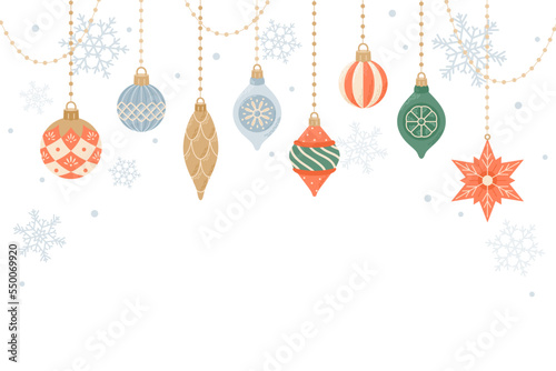 Cute hanging decorations, christmas template for card and banner. Vector illustration in flat cartoon style