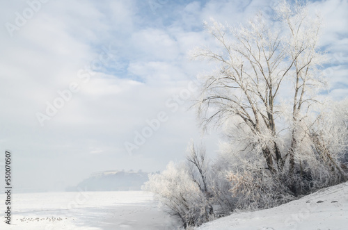 The bank of the Danube river covered with snow. Frozen, snow-covered banks of the Danube River below the Petrovaradin Fortress, Vojvodina, Novi Sad, Petrovaradin, Serbia.