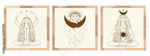 Hand drawn cards of silhouette mystical women with Sun, moon, star in line art. Spiritual abstract young woman, feminine concept. Magic collection, esoteric talisman. Vector sketch set illustration