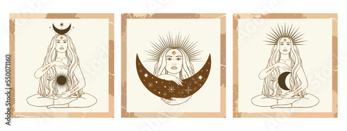 Hand drawn cards of silhouette mystical women with Sun, moon, star in line art. Spiritual abstract young woman, feminine concept. Magic collection, esoteric talisman. Vector sketch set illustration