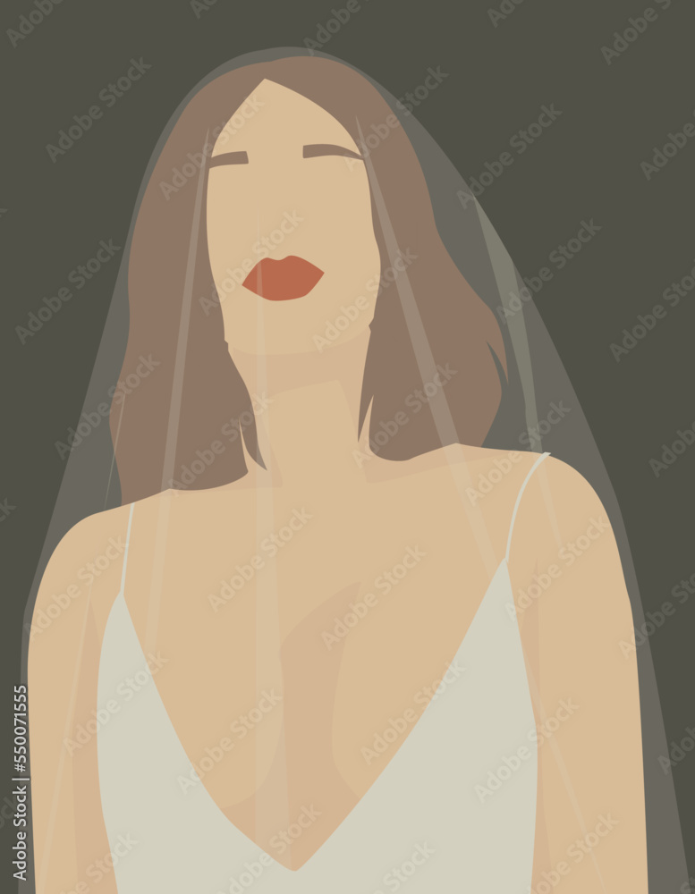 Vector flat image of a young girl with red accent lips. A girl in a white dress with a deep neckline and a veil. Design for avatars, posters, backgrounds, templates, banners, textiles Vector flat image of a young girl with red accent lips. A girl in a white dress with a deep neckline and a veil. Design for avatars, posters, backgrounds, templates, banners, textiles