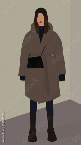 Vector flat image of a girl in warm winter clothes. A brown-haired woman in a cap, a down jacket, jeans, a sweater, boots and a cross-body bag. Design for avatars, posters, backgrounds, templates, ban