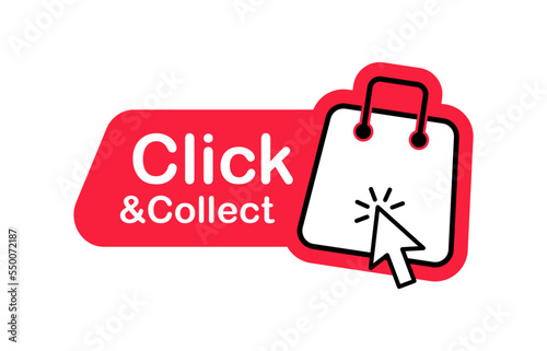 Click an collect badge with store cart and cursor. Design for online shopping, online order and internet sales. Vector illustration.