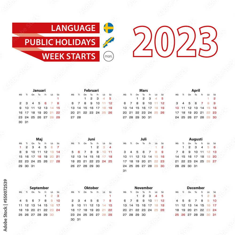 Calendar 2023 in Swedish language with public holidays the country of