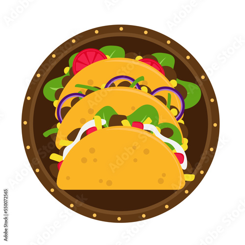 Tacos traditional Mexican cuisine dish food item from cafe menu. Vector illustration. Three tacos on a plate