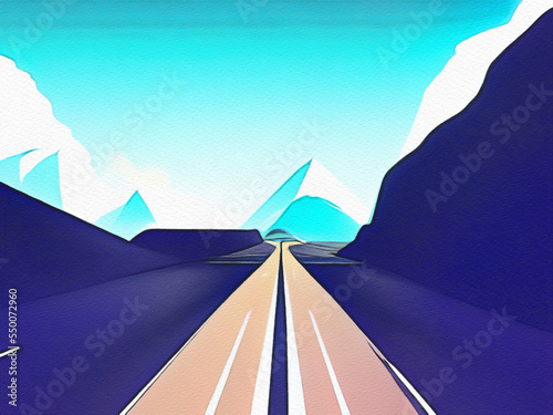 Road between mountains illustration  freedom journey digital art background