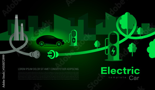 Illustration electric car silhouette car and cable plug charging city background black color