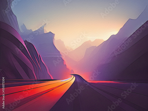 Road between mountains illustration, freedom journey digital art background © Avgustus