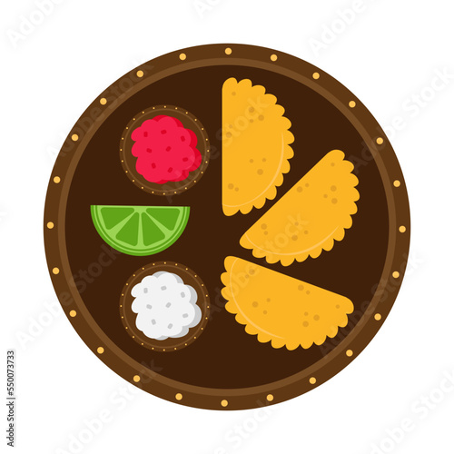 Vector illustration of empanadas dish on isolated background. Plate with sauces and lime. Traditional mexican dish on white background.