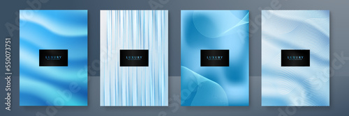 Modern cover design set. Blue white abstract line pattern (wave curves). Creative wavy stripe vector collection layout for business background, certificate, brochure template